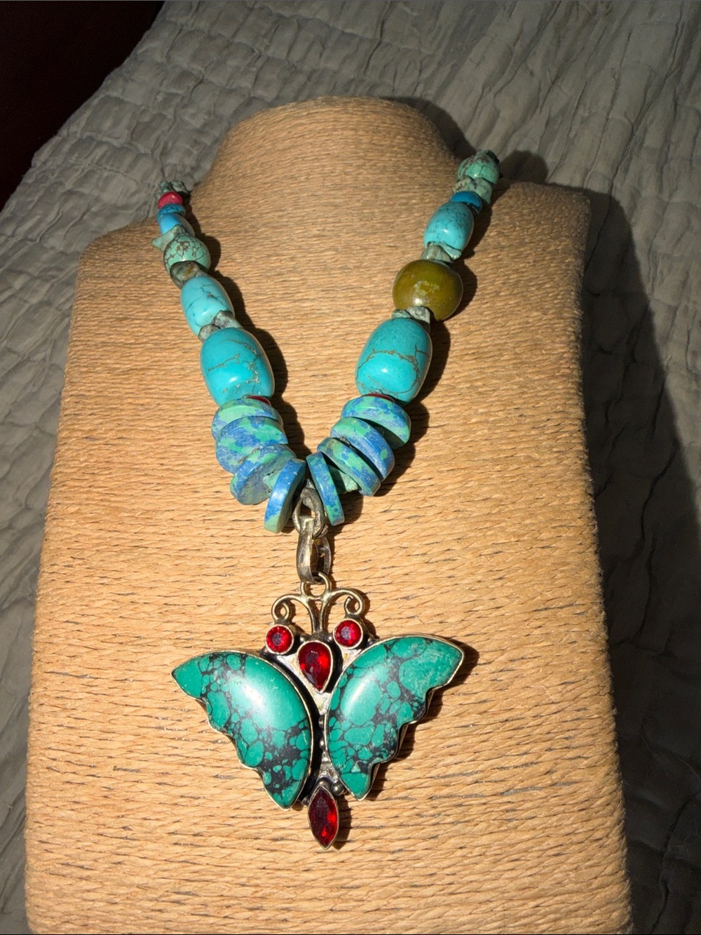 Exquisite turquoise and garnet sterling silver butterfly pendant with turquoise - Picture 1 of 16